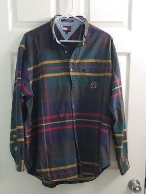 Vintage 90s Tommy Hilfiger Shirt Striped Plaid Crest Button Down Men's Size L